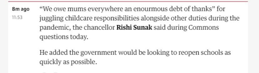 Many people upset about  @RishiSunak recognising disproportionate impact of school closures on mothers and not parents.I see it as progress. Recognising unequal household labour dynamics visibilises it and is 1st step to gov creating gender sensitive policy 