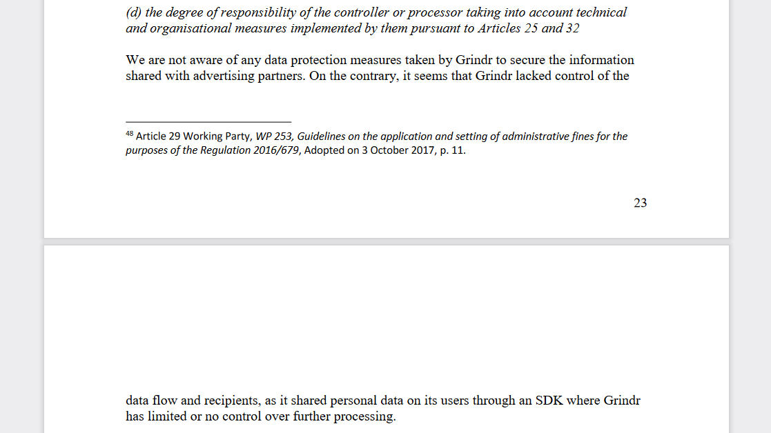 There are some details in the Norwegian DPA's decision that point in that direction.They state that Grindr did not implement GDPR "technical and organizational measures" to secure the data shared with advertising/data firms. Grindr "lacked control" of data flows and recipients.