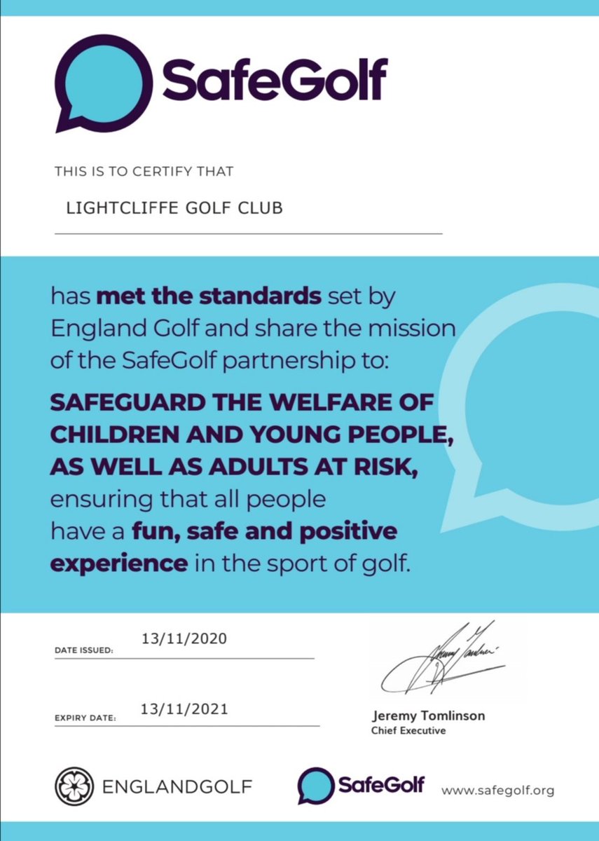 LightcliffeGC's tweet image. We are pleased to announce we have received the @EnglandGolf #SafeGolf accreditation. This proves our commitment to national safeguarding standards, to help golf safeguard children, young people as well as adults at risk in the sport of golf