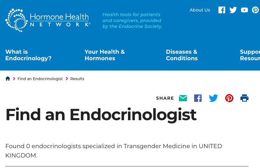 Does the Endocrine Society, based in Washington DC really represent the voices of UK doctors involved in assessing children w gender dysphoria? Is the Good Law Project's fighting fund and intervention driven by the involvement of powerful US interests?  https://www.hormone.org/find-an-endocrinologist/find-an-endocrinologist-results?page=1&specialty=Transgender%20Medicine&country=UNITED%20KINGDOM