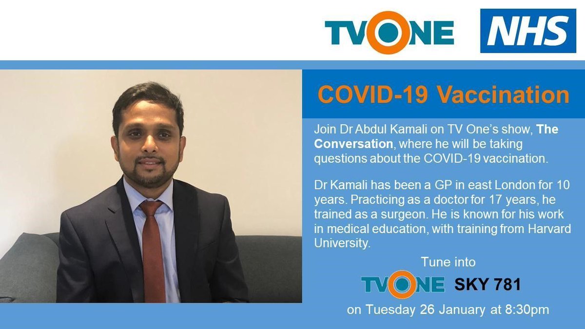 📣 Tune into <a href="/TVOneUK/">TVOneUK</a> on Sky 781 tonight at 8.30pm to hear from #EastLondon GP Dr Abdul Kamali, where he will be taking questions about the COVID-19 vaccination. 
#TowerHamlets #COVIDvaccine