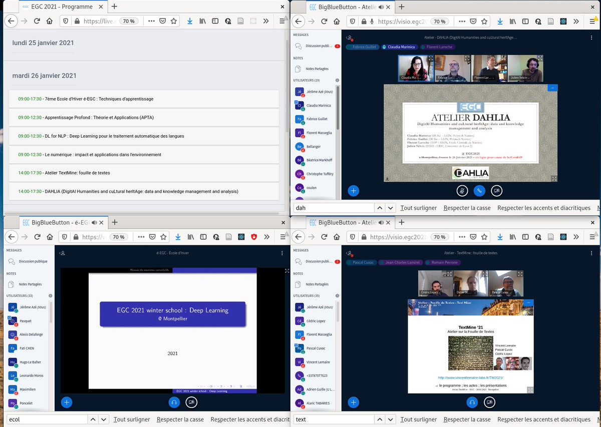 #EGC2021 <a href="/associationEGC/">Association EGC</a> c'est reparti pour 3h d'ateliers (DAHLIA et TextMine) et la dernière demi-journée de l'école é-EGC