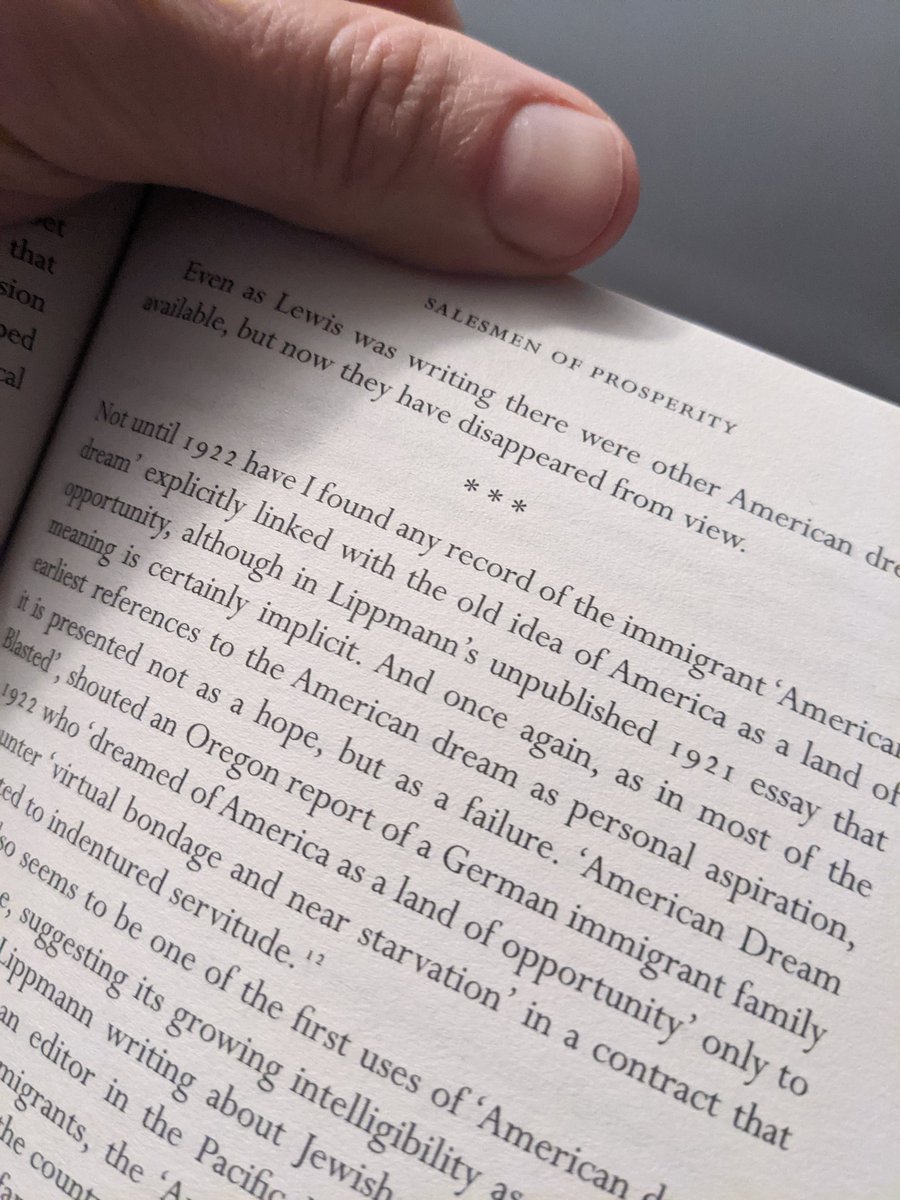  @sarahchurchwell Wondering if Mary Antin's The Promised Land uses the phrase "American Dream" or comes close? Claiming Americanism (over, say, Zionism, and against US nativism) has to predate the 1920s, right? Maybe Sollors's Beyond Ethnicity or later work has something on this?