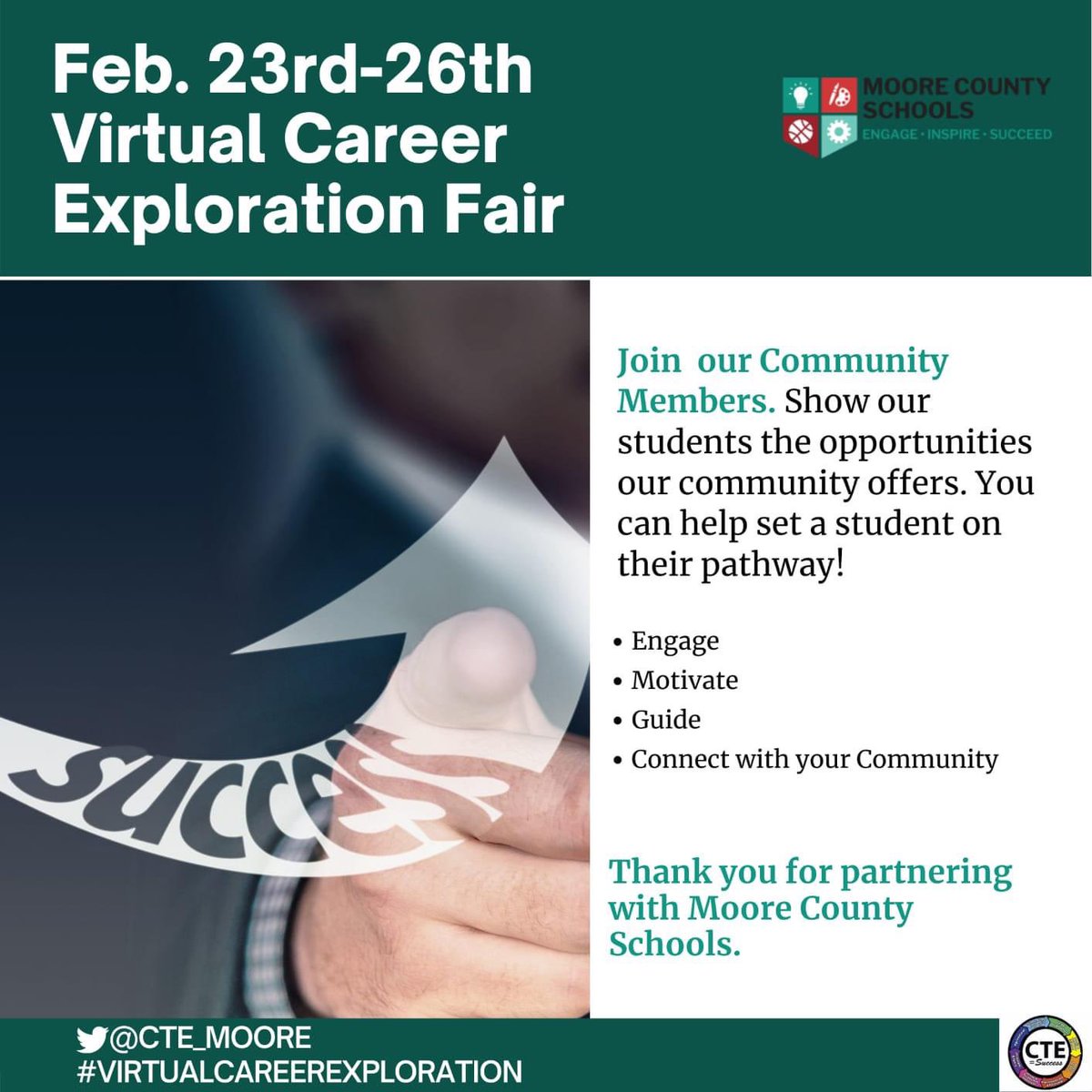 <a href="/cte_moore/">MooreSchoolsCTE</a> would love to have YOU participate in our VIRTUAL Career Fair. Contact <a href="/UPHSCTE/">Union Pines CTE</a> <a href="/Pinecrest_CTE/">Pinecrest_CTE</a>  <a href="/NorthMooreCTE/">North Moore CTE</a>  and share your career journey with our students who are tomorrow’s leaders #CTE #ctewebeforeme #opportunity #Workforce #economicgrowth #wearemoore