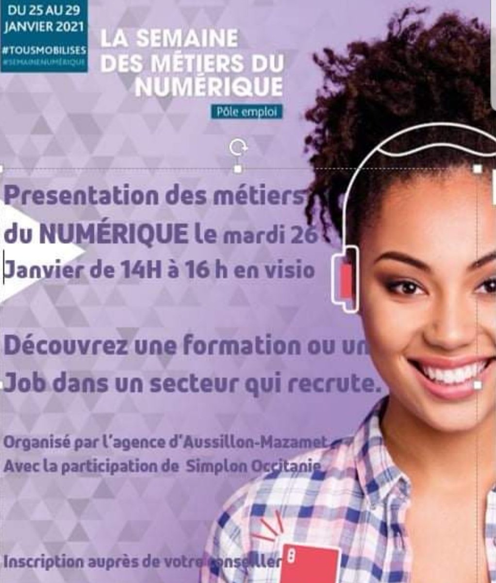 polemadigit's tweet photo. [#SemaineNumérique] Now 🚀! Pour valoriser les opportunités d’emploi et de #formation du secteur du numérique auprès de nos jeunes demandeurs d'emploi @pole_emploi #aussillon organise avec l'organisme #Simplon une visioconférence.👩‍💻
🔎➡️ #TousMobilises 
https://t.co/uPMw9dUMKm https://t.co/nUhWra0I7g