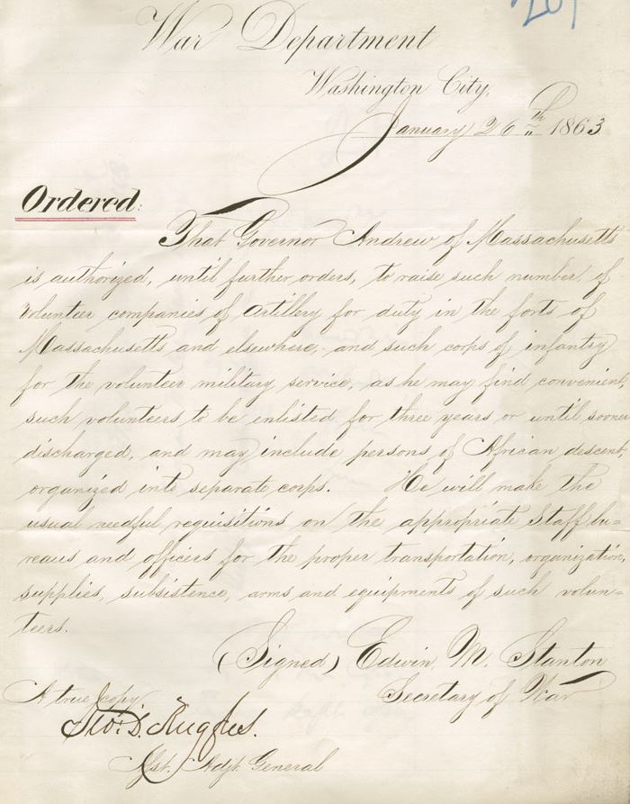 HUBhistory's tweet photo. "Governor Andrew of Massachusetts is authorized to raise such corps of infantry, for the volunteer military service, as he may find convenient, and may include persons of African descent."
Secretary of War Edwin Stanton #OnThisDay in 1863. https://t.co/v5lGwfvuMn