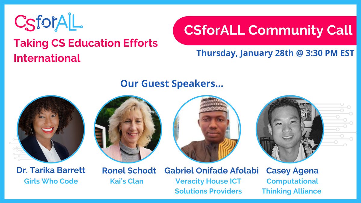 educationhubng's tweet image. Date: 28/01/2021
Time: 3:30 p.m. EST / 9:30 p.m. WAT
Theme: Taking CS Education Efforts International
Venue: Zoom
Register: us02web.zoom.us/meeting/regist…
#EducationHubNG
#CSForALL
#ComputationalThinkingAlliance
#GirlsWhoCode
#KaisClan
#VeracityHouseICTSolutions