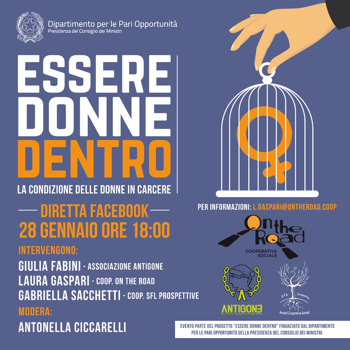 Vi aspettiamo il 28 gennaio per una diretta sulla pagina Facebook di On the Road con Laura Gaspari, Gabriella Sacchetti della Cooperativa SFL Prospettive e Giulia Fabini di <a href="/AntigoneOnlus/">AssociazioneAntigone</a>, per parlare della condizione delle donne in carcere

#carcere #violenzacontroledonne