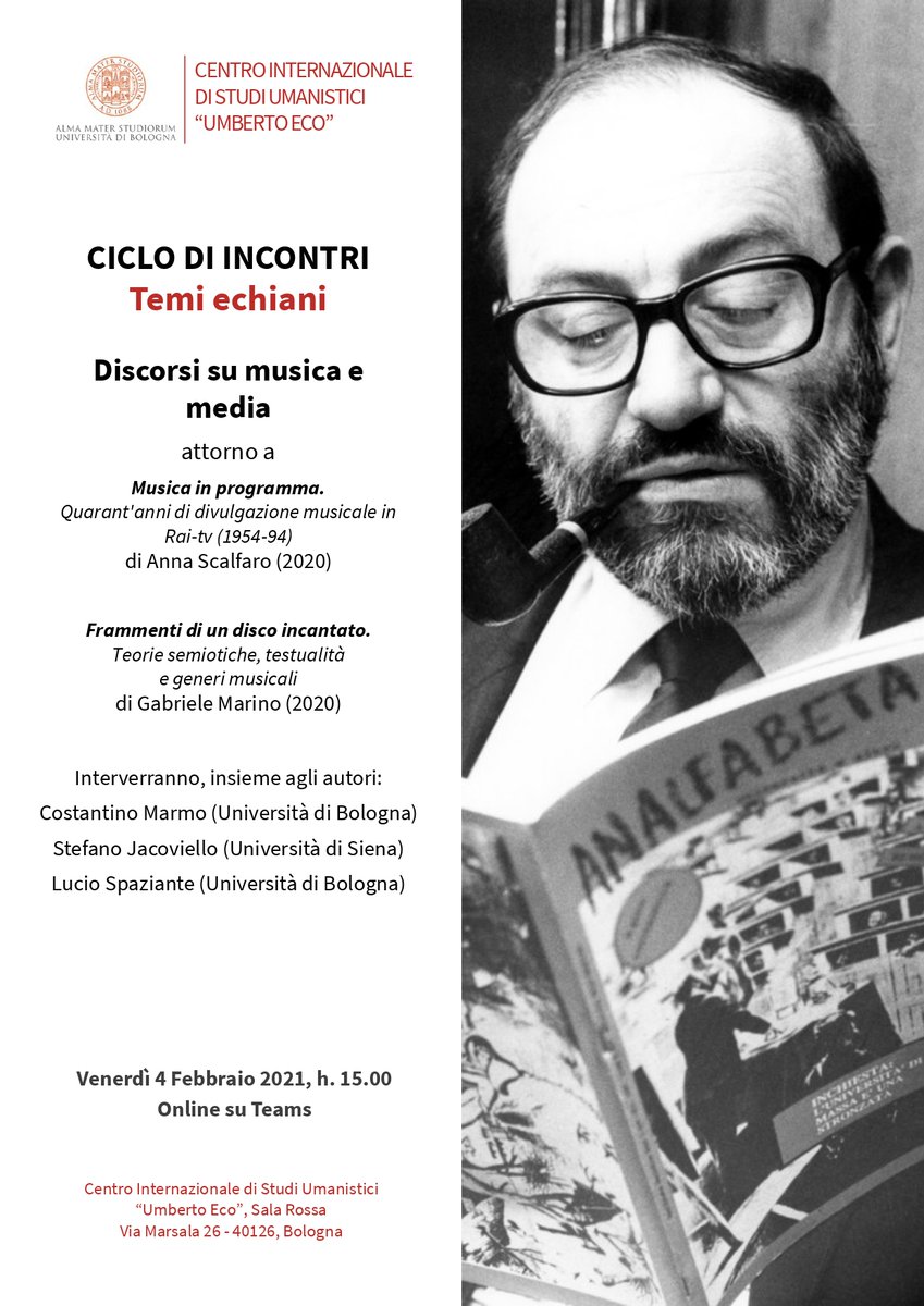 cue_unibo's tweet photo. Giovedì 4 febbraio nuovo seminario dal titolo "Discorsi su musica e media". Il seminario fa parte del ciclo “Temi echiani”.

Abstract e link a Team per partecipare su https://t.co/Bomi5tMjMV

I seminari del CUE sono gratuiti e aperti a tutti 
#UmbertoEco https://t.co/wIrsq0tOmM