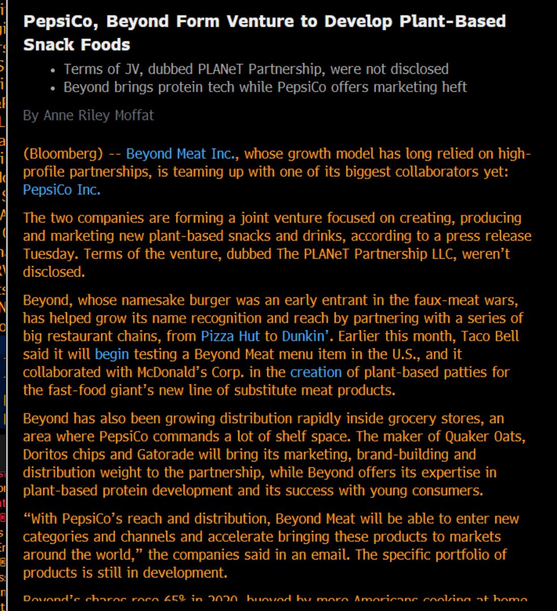 $BYND PepsiCo, Beyond Form Venture to Develop Plant-Based Snack Foods
Terms of JV, dubbed PLANeT Partnership, were not disclosed
Beyond brings protein tech while PepsiCo offers marketing heft