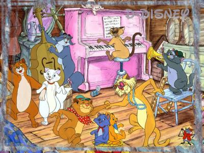 Du jazz, musique afro-américaine et pratiquée par les scat cats, des chats de gouttière rencontrés par les aristochats à leur retour à Paris ? Outre que l'action se passe en France, le jazz est précisément présenté comme une musique vivante et inspirée. 14/19