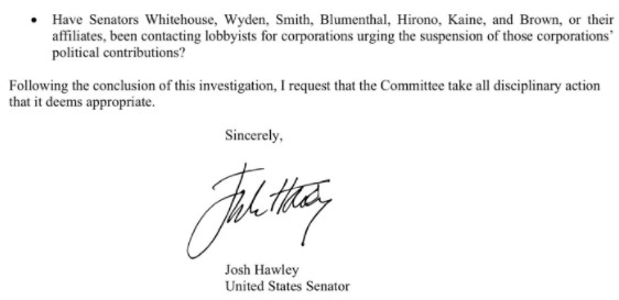 5. If you think Republicans implicated by these pledges aren't concerned,  @HawleyMO has demanded an ethics investigation of several of his colleagues into whether they've encouraged corporations to stop donating to him and other Republicans