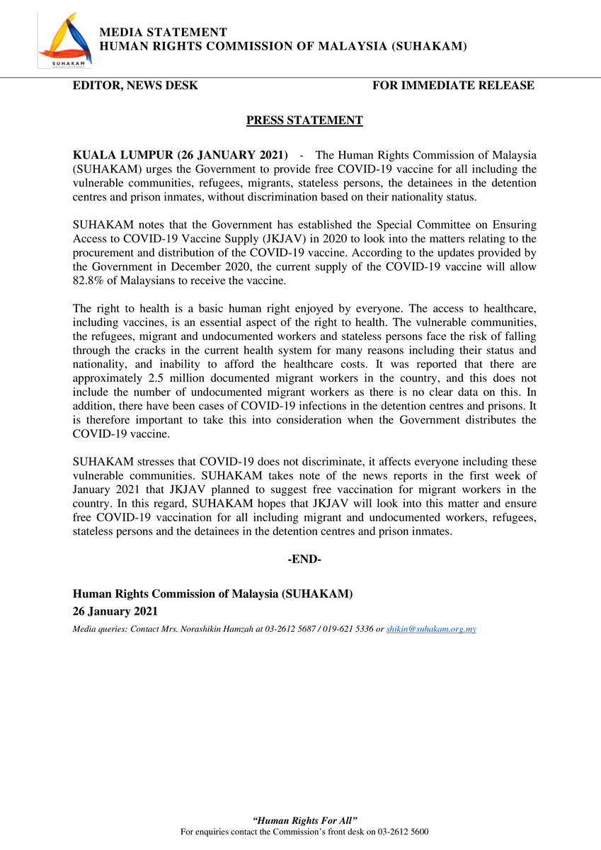 SUHAKAM's tweet photo. SUHAKAM) urges the Government to provide free COVID-19 vaccine for all including the vulnerable communities, refugees, migrants, stateless persons, the detainees in the detention centres and prison inmates, without discrimination based on their nationality status. https://t.co/1xO2mali2A