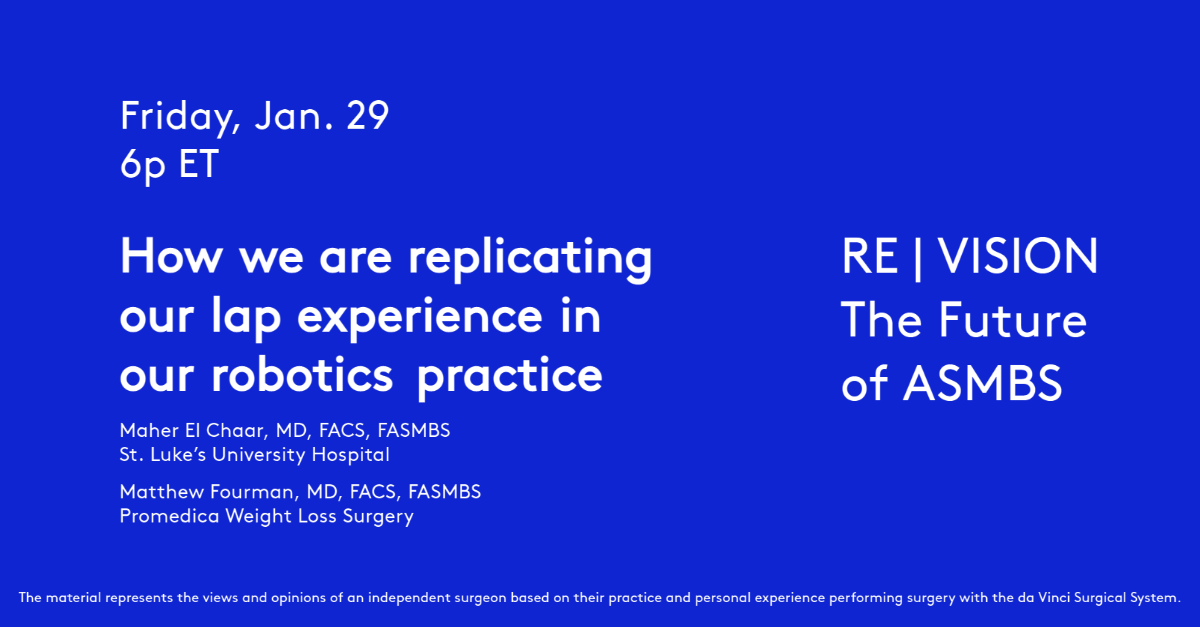 IntuitiveSurg's tweet photo. Are you registered to join your peers at #ASMBSREVISION this weekend? https://t.co/rPpxAF1zWA

We look forward to seeing you in the ASMBS Virtual Sponsor Hall for presentations from Drs. El Chaar, Enochs, Fourman, + Teixeira. https://t.co/6IJiCZsHFd