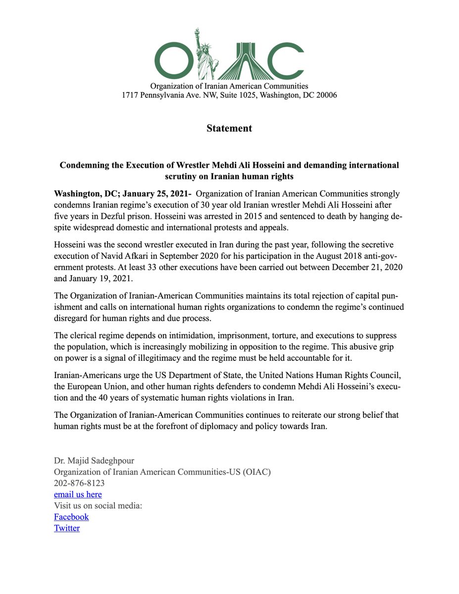 @OrgIAC Statement on execution of Iranian wrestler Mehdi Ali Hosseini