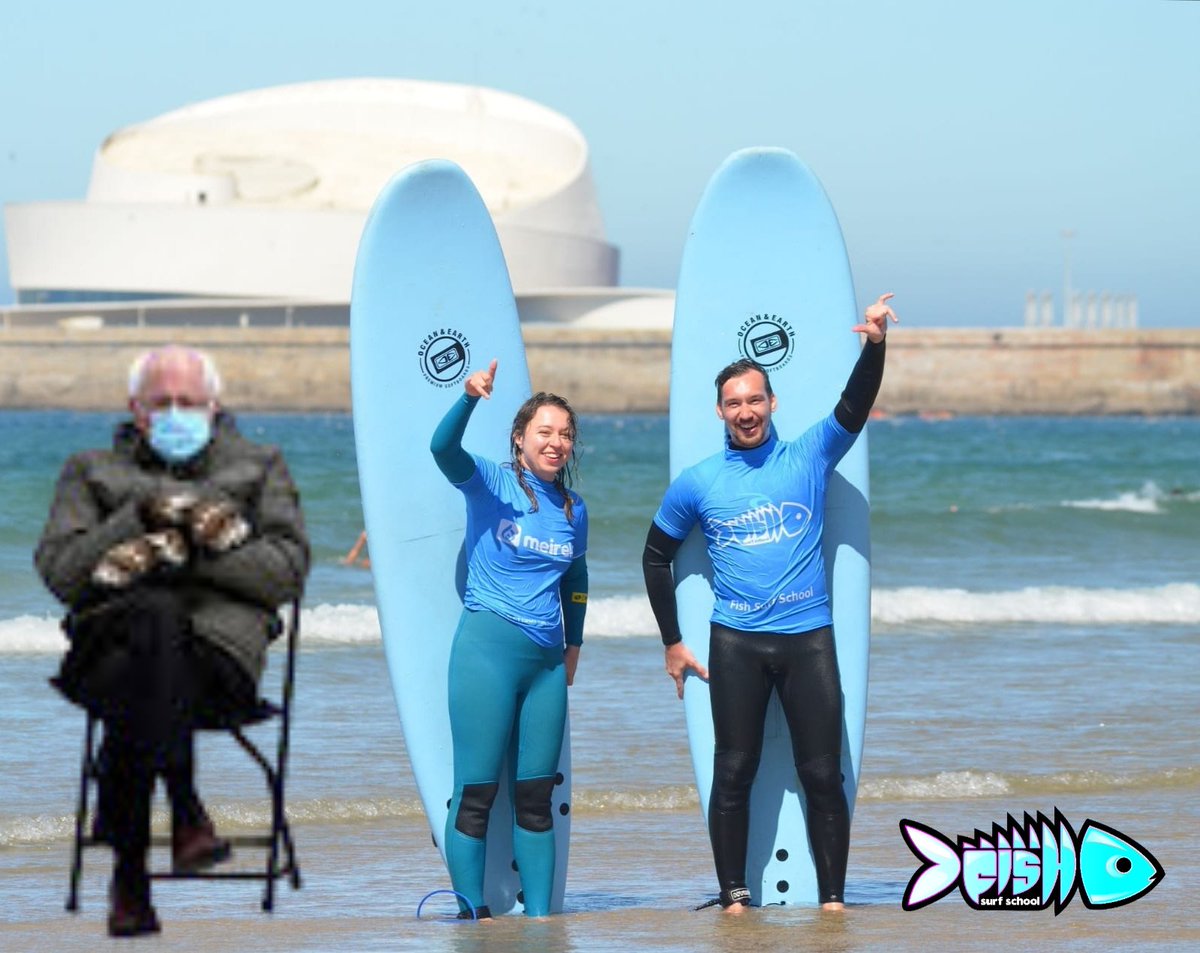 MicheleCMimi's tweet photo. Bernie Sanders visiting Fish Surf School 
@FISHSurfSchool 
#BernieSandersmemes #BernieSanders #BernieSanderseditchallenge #matosinhos #surfing #portugal https://t.co/x15wIFkbN3