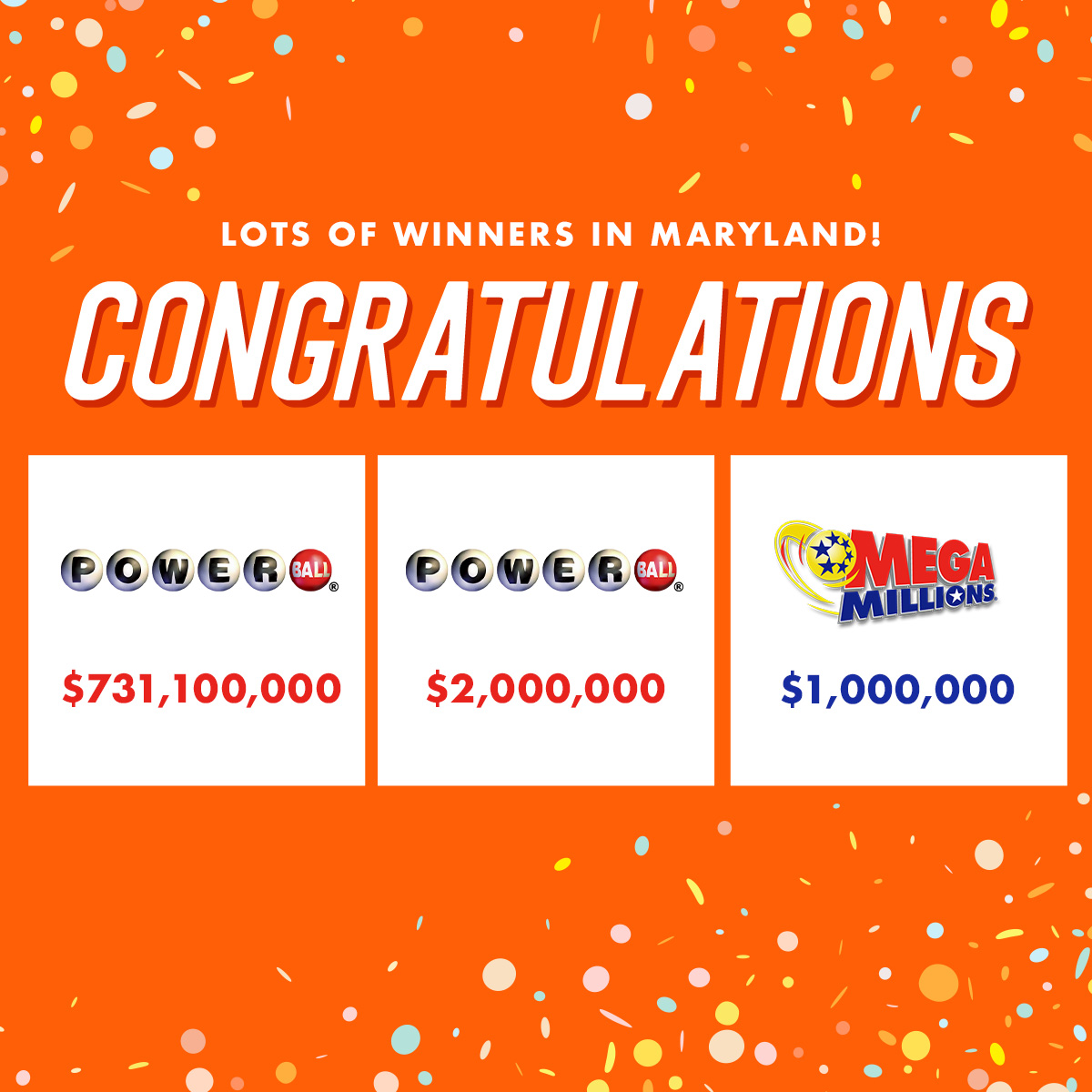 Congratulations to our big Maryland winners! 
Learn more about all of our winners from last week, who won a total of $32.2 million, in addition to the $731.1 million Powerball jackpot: https://t.co/QHDCz732O1 https://t.co/xbiypgkjBi