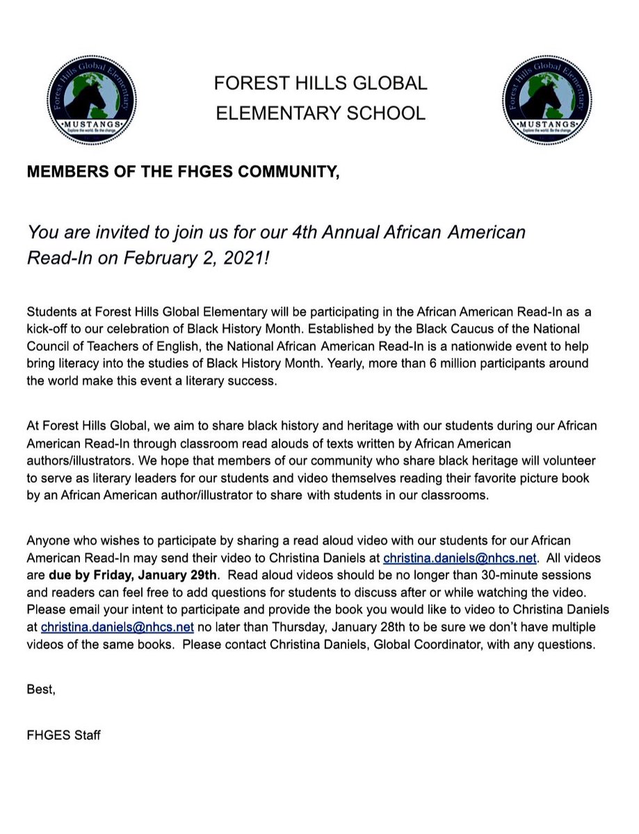 Good morning!!  Please join us for our #AfricanAmericanReadIn by sending in your video this week!  We don’t have any videos yet and we would love to keep our annual tradition alive!!  See details below!!  <a href="/FHGES/">Forest Hills GES</a> <a href="/KimFoleyEDU/">Kimberly Foley</a> <a href="/NewHanoverCoSch/">New Hanover County Schools</a> <a href="/foustc/">Charles Foust, Ed.D</a> <a href="/ParticipateLrng/">Participate Learning</a> <a href="/participate/">Participate</a>