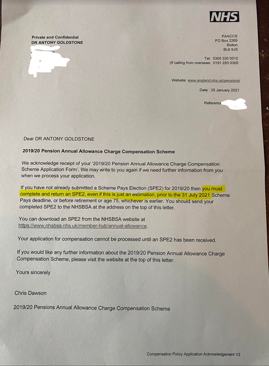 goldstone_tony's tweet photo. Good to see @nhs_pensions @ChrisD4wson starting to send out acknowledgements for the 19/20 AA Compensation Scheme 👇

Note the contents - You **MUST** complete and return an SPE2 (scheme pays application) by 31sy July 2021 **EVEN IF THIS IS AN ESTIMATE**

Dont miss out! See 👇 https://t.co/XMFxTK7eiw