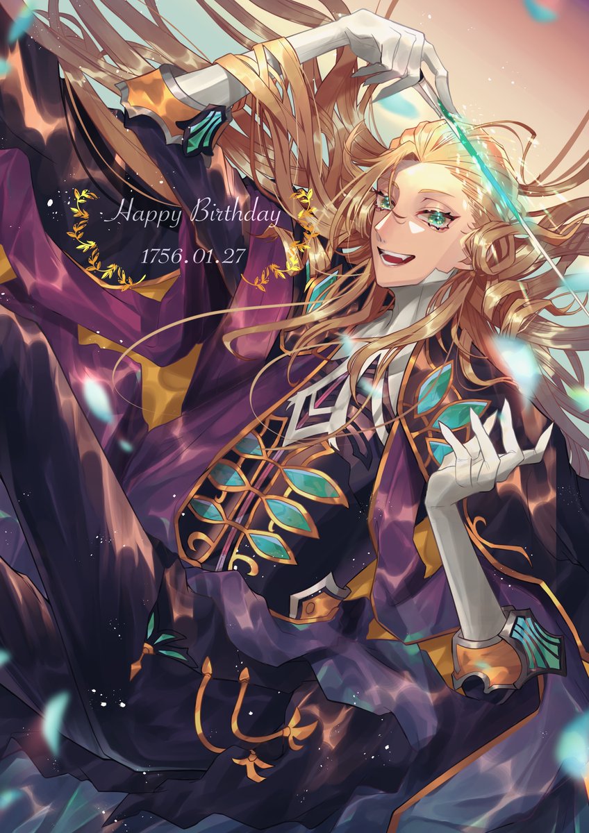 long hair male focus blonde hair 1boy gloves solo green eyes  illustration images