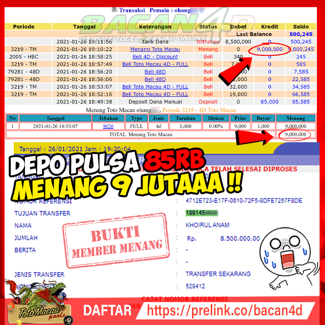 Bacan4D's tweet photo. Selamat‼️ 📣📣

Kpd Member Kami Bacan4D dgn ID ohangxXx

Telah JP TOTO MACAU
Sebesar 9 Juta Rupiah,. 

Ingin beruntung seperti member kami di atas?

>> YUK DAFTAR: 
https://t.co/ILipNB4QTF

Silahkan cek Rekening nya 😍😍

Salam Hoki Bacan4D https://t.co/r776UkxRM7