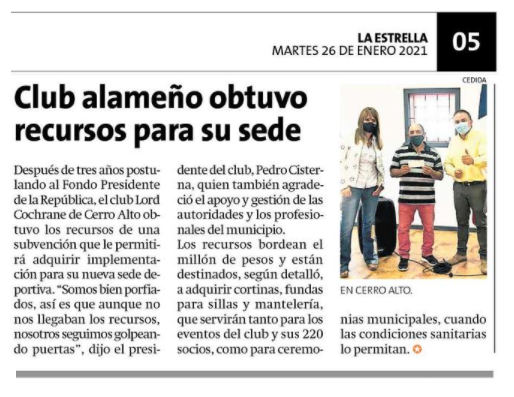 MuniLosAlamos's tweet photo. 📑💰 El Club Deportivo Lord Cochrane de #CerroAlto recibió, tras tres años de gestión, una subvención del Fondo Presidente de la República para implementar la recién inaugurada sede social 🏡⚽️ #Recursos #OrganizacionesSociales #Autogestión #LaEstrelladeConcepción🗞️#ElCambioSigue https://t.co/lCmJ4xWVdZ
