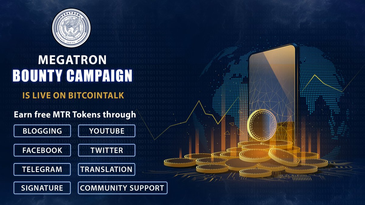 Bounty hunters are welcome in <a href="/MegaTron_MTR/">MegaTron</a> Bounty Campaign

Choose your platform to join bounty, register yourself, complete the tasks as per instructions and claim your free MTR Tokens

Join Now on BitcoinTalk - bitcointalk.org/index.php?topi…

#Bitcoin  #BountyPorgam  #BitcoinTalk