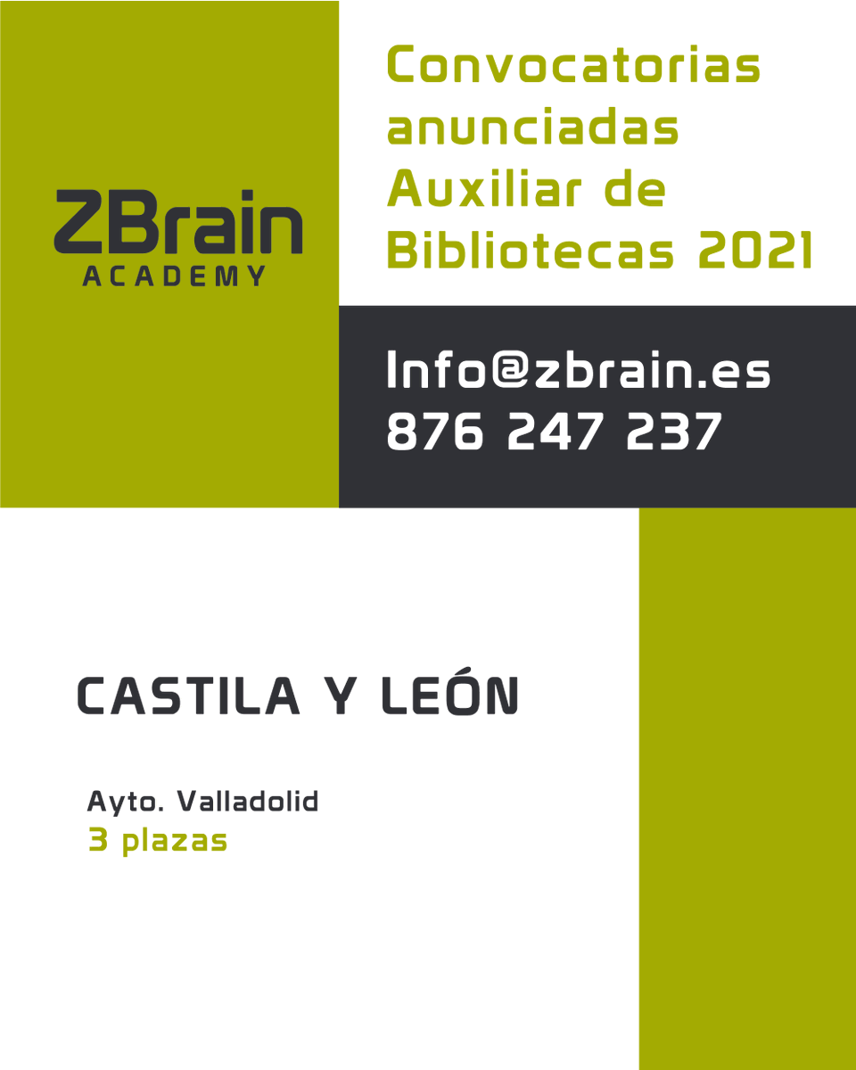 ZBrain_Edu's tweet photo. ¡Convocatorias anunciadas #Auxiliardebibliotecass 2021!
¿Quieres prepararte con Nosotros?
Solicita información
876 247 237 - Info@Zbrain.es 
#Oposiciones #EmpleoPublico #Biblioteca #castillayleon #valladolid https://t.co/YgnY1fCopq