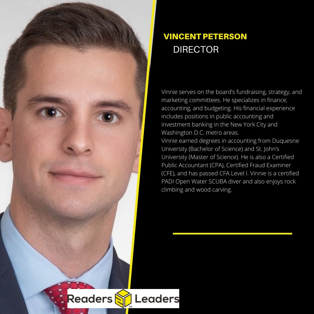 Get to know the #LEADERSHIP behind #Readers2Leaders. We are thrilled to spotlight our #BoardofDirectors over the next several weeks. Please say, "Hello" to Director, Vinnie. We are thrilled to have Vinnie leading the charge! 📚
.
.
.
#nonprofit #literacy #YellowBoxProject