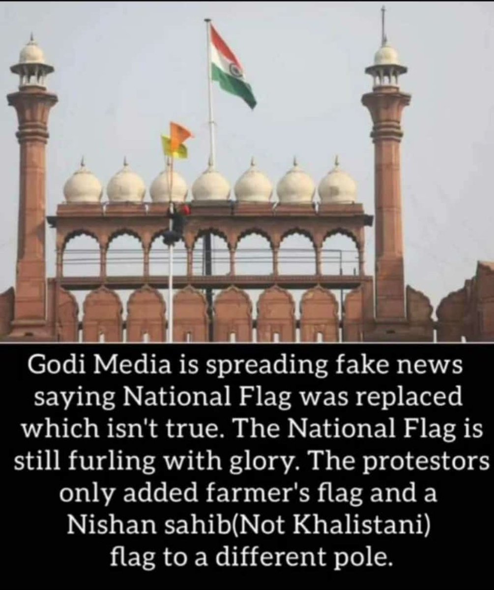 Samar6o4's tweet photo. Flag hoisted at Red Fort was not a Khalistani flag
Infact it was Nishan sahib
They didn't do anything with National Flag
The national flag is still furling with glory
#TractorRally #GodiMediaStopMisleading #KisanParade #kisanzindabad #IStandWithFarmers 
#604
#JaiJawanJaiKisan https://t.co/Wl2wNi5fy0