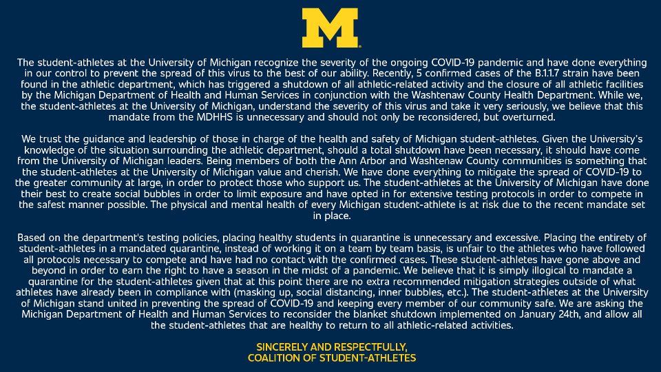 ChristianRyanH's tweet photo. Hey @MichiganHHS , us student-athletes at the University of Michigan want answers and to enter an open conversation with you. #LetUsCompete https://t.co/3NeQtIQZGO
