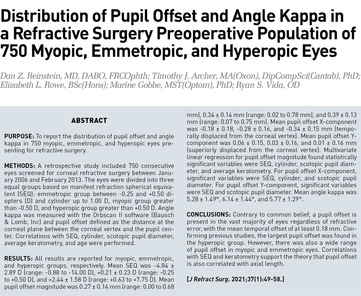 JRSJournal's tweet photo. @DrDanReinstein et al report the distribution of pupil offset and angle kappa in 750 myopic, emmetropic, and hyperopic eyes presenting for refractive surgery @LondonVision https://t.co/hZrTjZcQd4 https://t.co/hFntQPgfTF