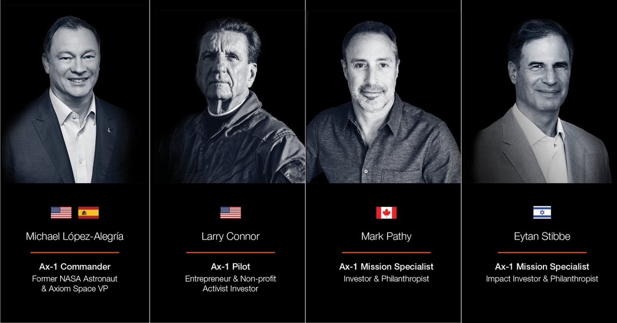 Axiom_Space's tweet photo. The first private ISS crew in the history of humankind has been assembled.
Commander Michael López-Alegría
Mission Pilot Larry Connor
Mission Specialist Mark Pathy
Mission Specialist Eytan Stibbe
Axiom Mission 1 (Ax-1): The start of a new era. https://t.co/vBlr0ASRhj