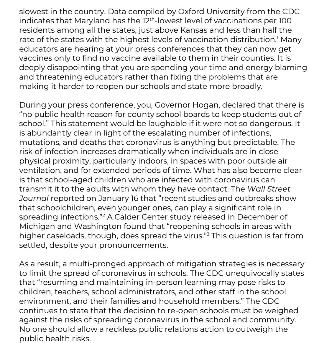 jemillerbalt's tweet photo. Maryland teachers association fires back at Governor Larry Hogan with blistering 4 page letter.
Call Hogan's statement.."no public health reason" for kids to be out of school.."laughable if not so dangerous" https://t.co/qWCAdr0BH6