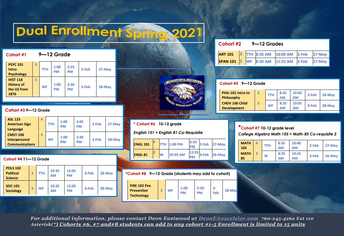 ExcelsiorCS's tweet photo. VVC Dual Enrollment Classes exclusive for Excelsior students 
For additional information, please contact Deon Eastwood at DeonE@excelsior.com 760-245-4262 Ext 110
Asterisk(*) Cohorts #6, #7 and#8 students can add to any cohort #1-5 Enrollment is limited to 15 units https://t.co/zoNT7KuoNy
