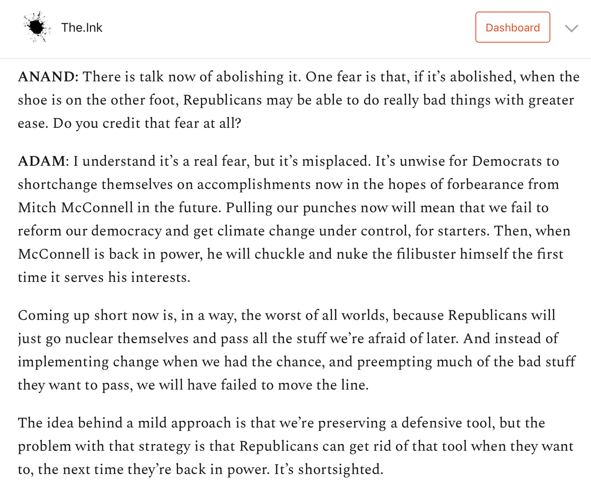 But, but: Should Democrats be afraid about the shoe getting on the other foot when Republicans control the Senate?No,  @AJentleson says."It’s unwise for Democrats to shortchange themselves on accomplishments now in the hopes of forbearance from Mitch McConnell in the future."