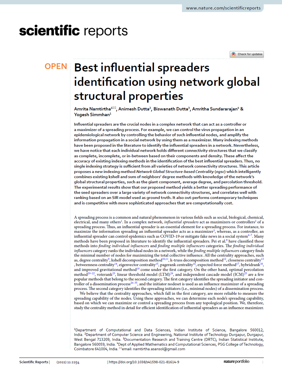 Amrita Namthirtha's article on #complex #network measures to identify influential spreaders has been published in #Nature Science Reports. Congrats Amrita!!

<a href="/cdsiisc/">IISc Computational and Data Sciences</a> <a href="/iiscbangalore/">IISc Bangalore</a> 

nature.com/articles/s4159…