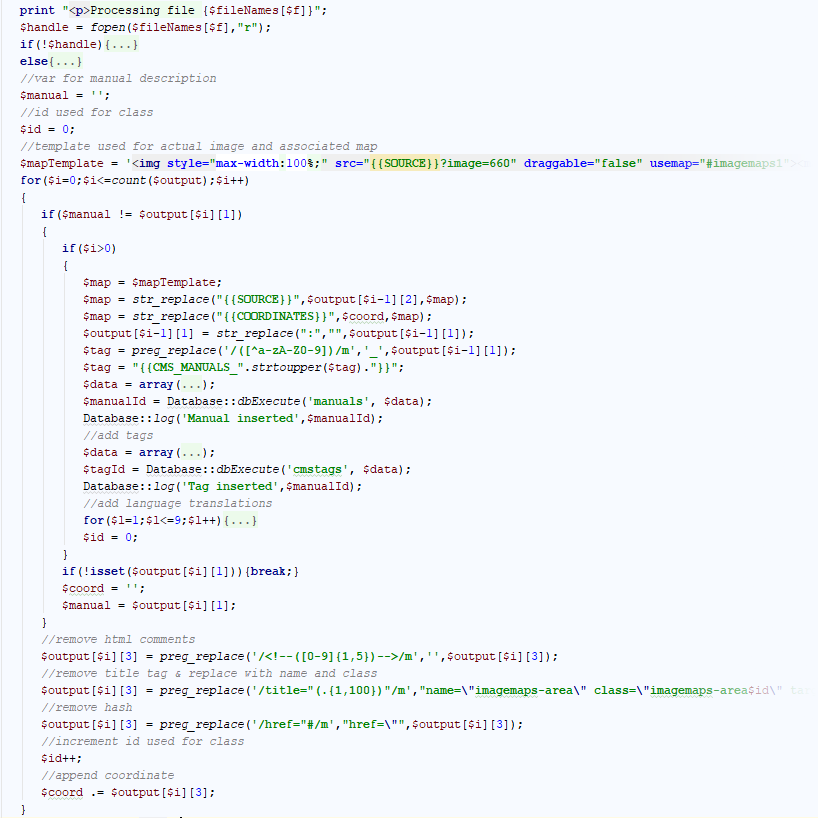 ayrmer's tweet image. Just completed a #PHP script that imports data used to render #HMTL #ImageMaps and creates the associated languages tags that are used to provide #multilingual support for the #userinterface.

Used #regularexpressions to manipulate data &amp;amp; ensure it can be used within the website.