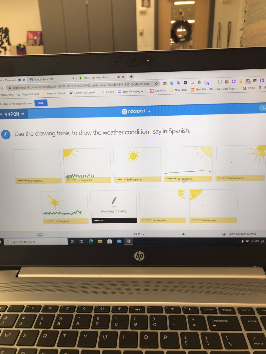 Having fun with tech today!  Playing Blooket Cafe to review our Accelerated Spanish course and  Nearpod Drawing Tools to practice weather with marking period classes!