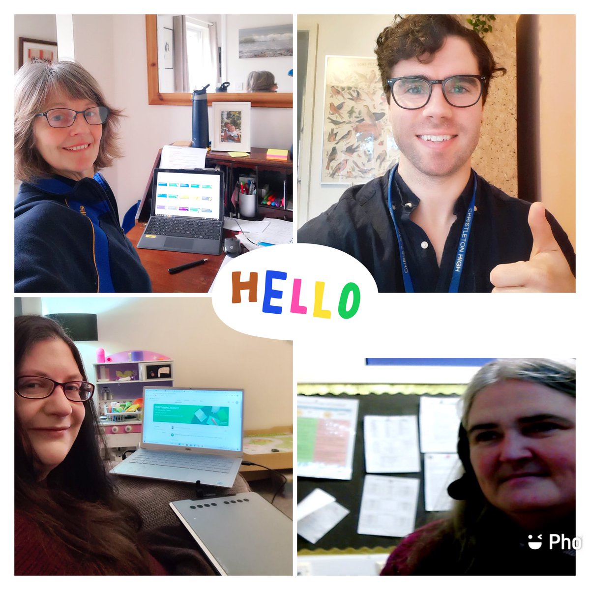 ChristletonHS's tweet photo. Hello from Mrs Humphries, Mr Gresty, Mrs Monks and Ms Hillier! 👋 #hellofromhome #remotelearning #community💙 look out for more home school selfies next week! 💻🏡 https://t.co/hayoM9wcMr