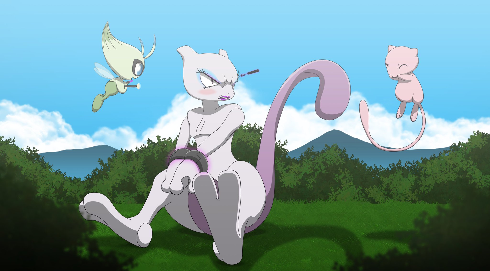 All0412 ✪ on X: Pokémon Commission: Mewtwo with makeup #Pokemon25 #Mew  #Celebi #FanArt  / X