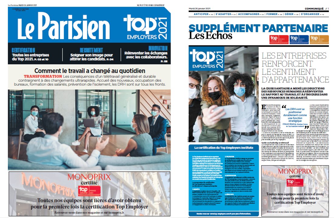 Deux cahiers spéciaux <a href="/TopEmployers_F/">Top Employers France</a> 2021 à retrouver dans <a href="/LesEchos/">Les Echos</a> et <a href="/le_Parisien/">Le Parisien</a> du jour.

La certification « Top Employers » distingue chaque année les #entreprisesfrançaises pour l'excellence de leurs politiques de #ressourceshumaines.⤵️
