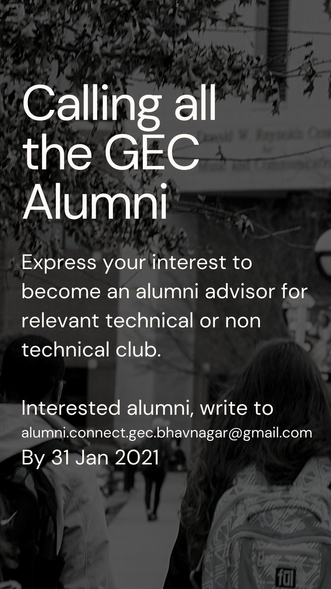 gecbhavnagar's tweet photo. Call for Alumni Mentors

With the success of @BitstobytesGec now it is the time to welcome and foster more student communities.
Become an alumni advisor for a student club.
#gecbhavnagar #gecbvn #gecbvnstudents #studentcommunities https://t.co/n4sIMBs9pp