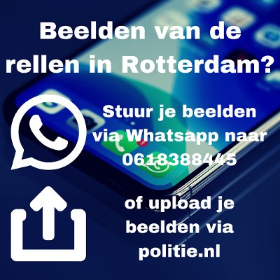 Er is een groot onderzoek gestart na de ernstige ongeregeldheden in #Rotterdam op 25-1. Beelden spelen daarbij een grote rol. Om het uploaden van beelden te vergemakkelijken is er nu ook een telefoonnr waarop beelden via WhatsApp gedeeld kunnen worden, zie
politie.nl/nieuws/2021/ja…