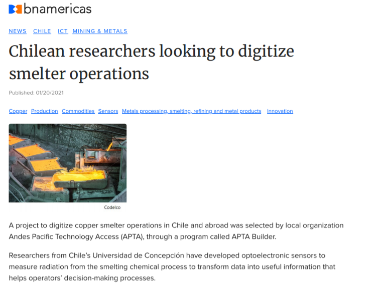 Hub_APTA's tweet photo. Tecnología para digitalizar operaciones de fundición de cobre, desarrollada por investigadores @udeconcepcion @OTLUDEC, fue relevada ✖️@bnamericas. Revisa sus versiones en español https://t.co/E5cTfX0U8m e inglés https://t.co/WdmmJcAlQA Otro proyecto ganador de #APTABuilder 😉 https://t.co/XSM7N7U7Xf