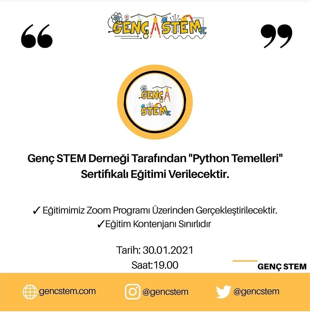 Python Temelleri Eğitimi 30 Ocakta başlıyor.
.
.
.
<a href="/gencstem/">Genç Stem</a> 
<a href="/abdurrahimsrgn/">Abdurrahim SARGIN</a> 
<a href="/hi_cetin/">Halil İbrahim ÇETİN</a> 
@AhmetGocen3 
<a href="/ezop_63/">ercan</a> 
<a href="/MustafaTasiyan/">Mustafa Taşiyan</a>