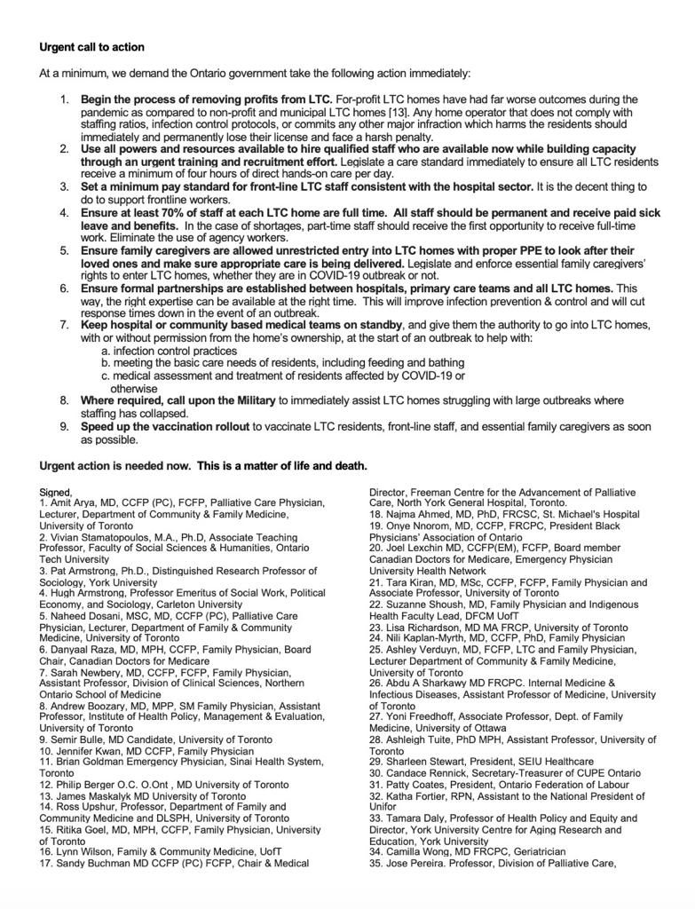 AmitAryaMD's tweet photo. #BREAKING: 200+ doctors &amp; researchers (@Docs4LTCJustice) sign letter calling on the Ontario government to urgently address the LTC crisis. We must end for-profit LTC, take urgent action to end the staffing crisis, &amp; legislate family caregiver rights.  We demand #LTCjustice! https://t.co/SsniH8CJd5