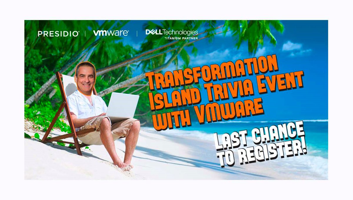 dconvery's tweet photo. Join @Presidio  at Transformation Island for a Trivia Event with VMware, featuring ME! It's your last chance to register.
---
https://t.co/rGQDkotPpd
#futurebuilt https://t.co/fJn31S1g07