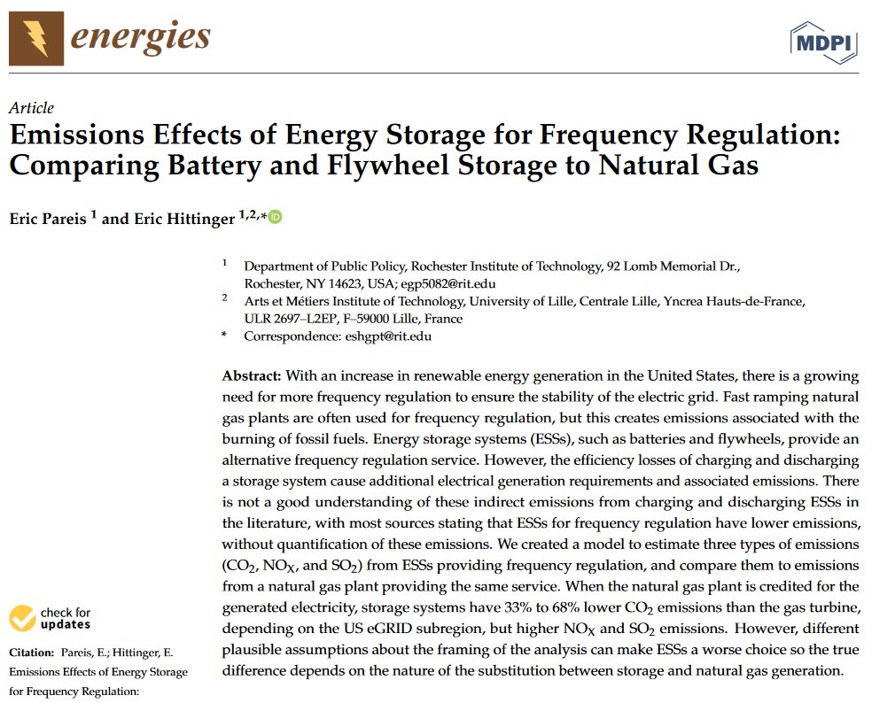 New Paper Alert: comparing the emissions effects of doing frequency regulation with storage versus gas turbines (spoiler: storage is better...mostly...probably)[This one is a bit technical / for specialists, but free to read/download at link below] https://www.mdpi.com/1996-1073/14/3/549