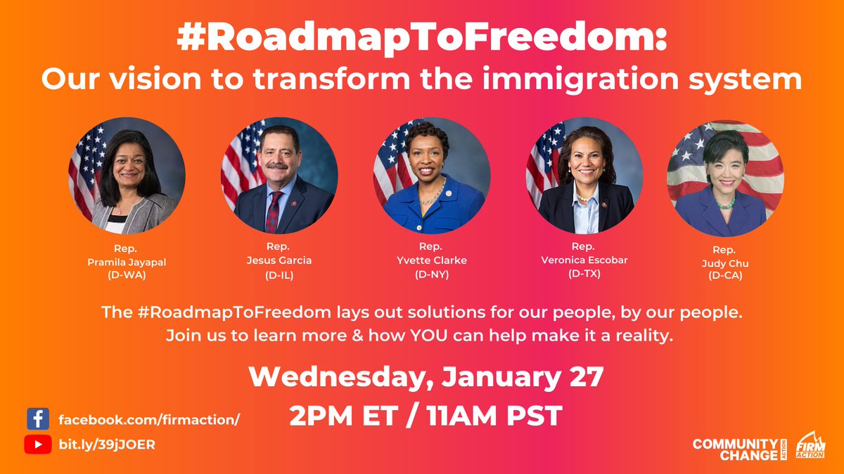Together we will transform our outdated immigration system. Join <a href="/RepJayapal/">Rep. Pramila Jayapal</a>, <a href="/RepChuyGarcia/">Congressman Chuy García</a>, <a href="/RepEscobar/">Rep. Veronica Escobar</a>, <a href="/RepYvetteClarke/">Rep. Yvette D. Clarke</a> &amp; <a href="/RepJudyChu/">Judy Chu</a> to discuss how our #RoadmapToResolution will be key to create a more welcoming and fair nation. #FreedomTogether bit.ly/39jJOER
